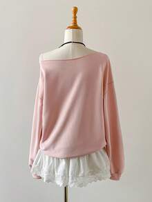 Elamini Sudadera deportiva casual con cuello asimétrico, bolsillo, puños y bajo acanalados en color rosa, manga larga, ideal para graduación, maestros y vuelta al cole en otoño - Rosa - Ver 2