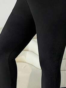 Solflare Plus Size Women Black Casual Minimalist Versatile Commute Solid Color Overlap High Waist Elastic Skinny Leggings,Fall Clothes For Women