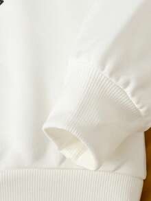 青少年男孩运动衫套装，新款秋冬脸部图案印花圆领运动衫搭配米色抽绳工装裤，休闲可爱的返校装 - 杏色 - 查看 3