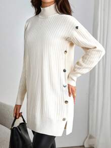 EURMUSE Women Side Button Rib Knit Short Knit Dress,Winter Dresses - White - View 4