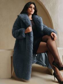 Anewsta Plus Size Women Solid Color Long Fluffy Fuzzy Coat
