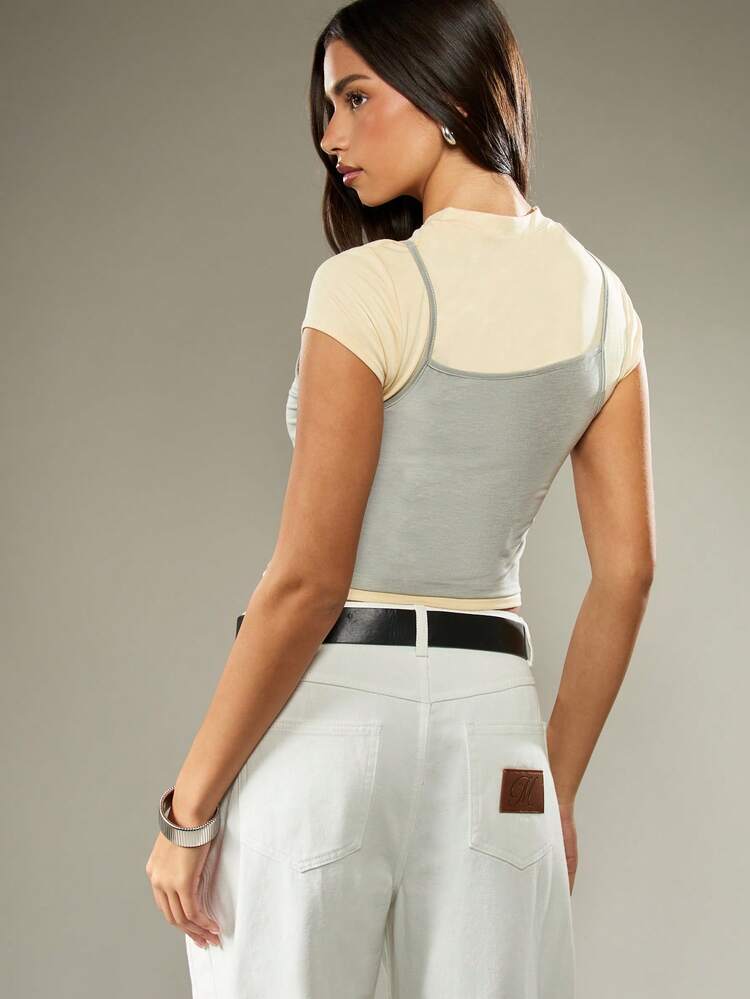 MISSGUIDED Layered Tank Top T-Shirt Combo High Neck Summer Casual Crop Top Double Layer Rib Knit Basic Short Sleeve Fashion Top