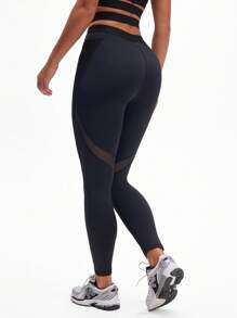 SHEIN Rhythm Era Leggings esportivas femininas premium pretas com patchwork de malha - Preto - Ver 6