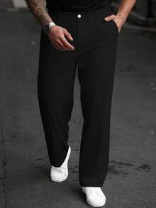 Manfinity Homme Men Plus Size Solid Color Pockets Straight-Leg Casual Pants, Versatile, Fall - Black - View 1