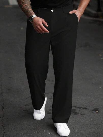 Manfinity Homme Men Plus Size Solid Color Pockets Straight-Leg Casual Pants, Versatile, Fall