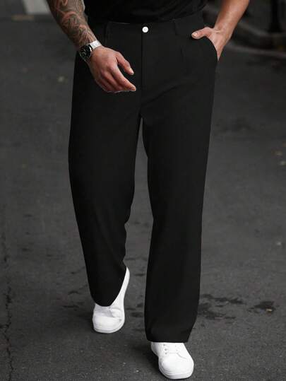 Manfinity Homme Men Plus Size Solid Color Pockets Straight-Leg Casual Pants, Versatile, Fall