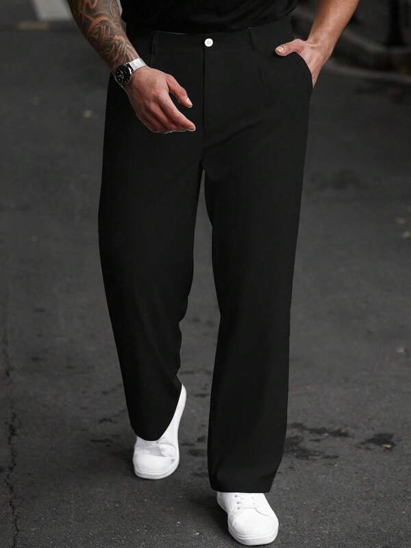 Manfinity Homme Men Plus Size Solid Color Pockets Straight-Leg Casual Pants, Versatile, Fall