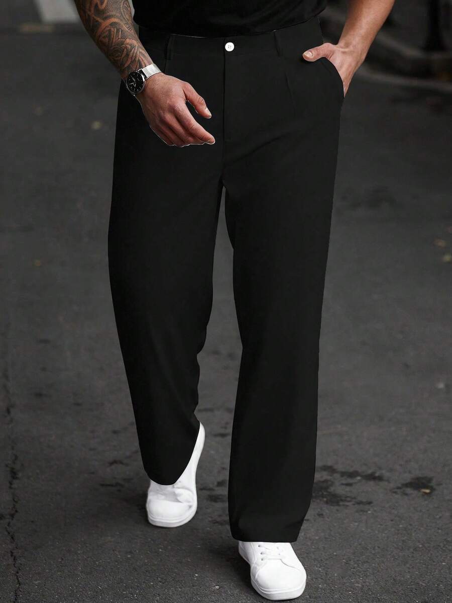 Manfinity Homme Men Plus Size Solid Color Pockets Straight-Leg Casual Pants, Versatile, Fall - Black - View 1