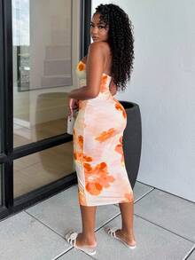Alexandranx Váy bodycon ống in hoa cho ngày lễ thanh lịch theo phong cách Hawaii không lưng mùa hè - Màu Cam cháy - Xem 3