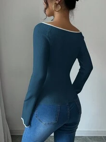 Elenzga Áo len tay loe ôm sát thường ngày cho nữ, mùa thu - Màu xanh hải quân - Xem 2