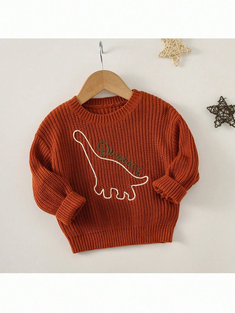 Loomiva Baby Boy Cartoon Dinosaur Pattern Halloween Crew Neck Long Sleeve Sweater Fall Winter - Orange - View 1