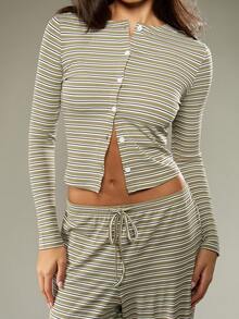 MISSGUIDED Sophisticated Striped Co-Ord Set Long Sleeve Button Front Crop Top Wide Leg Palazzo Pants Set Fall Winter Casual Loungewear Outfit - Multicolor - View 4