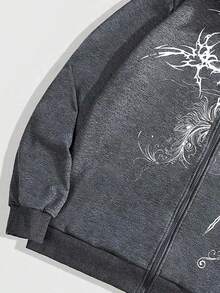 ROMWE MEN Goth Men's Autumn Cross Print Zip-Up Patchwork Faux Fur Hooded Casual Sweatshirt