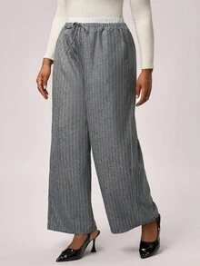 SHEIN Tall CURVE 大码女式撞色条纹梭织长裤，适合秋冬季 - 灰色 - 查看 3