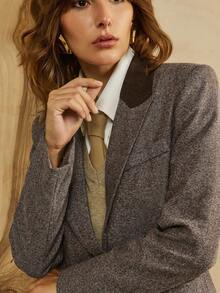 Revavyn 女士棉混纺纯色斜纹 V 领西装外套，长袖修身办公室/工作服，春秋季 - 棕色 - 查看 7