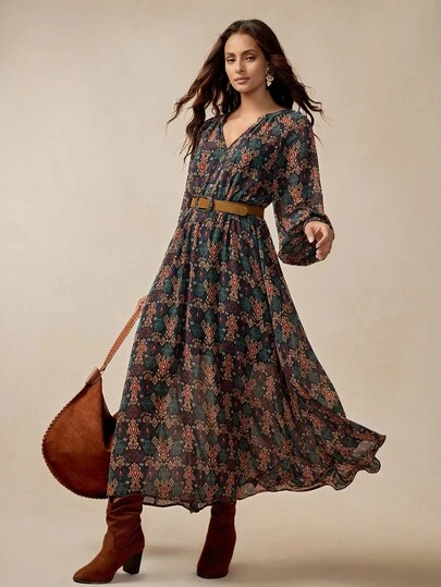 Florisole 2pcs Women's Vintage Chiffon Floral Print Elegant Long Sleeve Dress Set Fall Cloth For Women