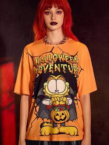 GARFIELD | SHEIN 女式夏季万圣节猫咪印花圆领短袖T恤 - 橘色 - 查看 3