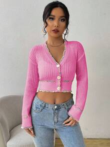 EMERY ROSE 女士休闲百搭纽扣前开衫长袖轻便开衫 - 粉色 - 查看 6