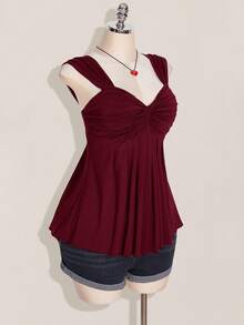 CurvyTilda Plus Size Women's Wine Twist Front Sleeveless Babydoll Knit Top, Y2K Style, Suitable For Graduation/Back To School Season, Summer Cute Tops