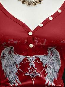 SHEIN Unity Camiseta de mujer con cuello en V transparente, estampada, de manga corta y con botones parciales - Multicolor - Ver 4