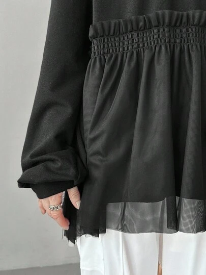 FRIFUL Women's Casual Solid Color Mesh Patchwork T-Shirt, Spring/Autumn Black Tops For Women Mesh Top Tulle Top Black Blouse V-Neck Top Long Sleeve Top