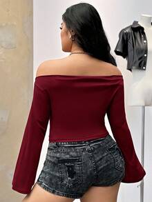 SHEIN EZwear Valentine's Day,Plus Size Women Off-Shoulder Frill Trim Asymmetric Hem Elegant Long Sleeve Blouse