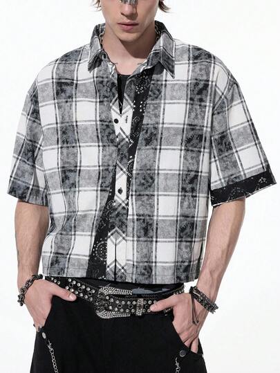ROMWE MEN Casual Men's Plaid Patchwork Short Sleeve Shirt, Emo, 2000s Style