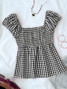 SHEIN Tween Girl Casual Minimalist Comfortable Plaid Back Strap Shirt Blouses For Girls Girls Babydoll Top Girls Checkered Top Shirts For Tween Girls Black And White - Black and White - View 2