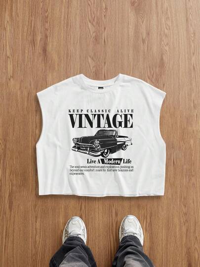 Manfinity Joysei Camiseta de tirantes holgada y corta con gráfico de coche vintage para hombres de talla grande, camisa de verano informal sin mangas, adecuada como regalo para amigos