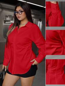 Calvaya Plus Size Women Solid Color Front Button Long Sleeve Casual Blouse Women Shirt Fall Cloth For Women