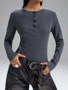LYSMO 1 Áo thun dài tay màu xám đa năng, phù hợp mặc hàng ngày cho nữ - Xám - Xem 4