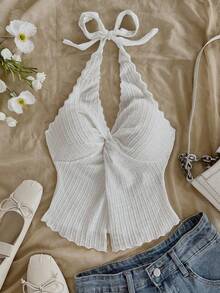 Soleia Fashionable Sexy Halter Neck Tie Knot Hem Slit Open Back Tank Top - Beige - View 6