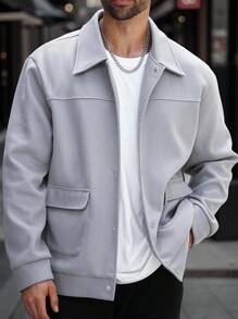 Manfinity Homme Plus Size Men's Casual Solid Color Button-Up Loose Overcoat, Light Grey , Fall/Winter