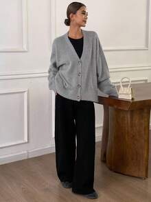 DAZY كارديجان فضفاض بياقة على شكل حرف V للنساء، محبوك بأكمام طويلة، موسم الخريف