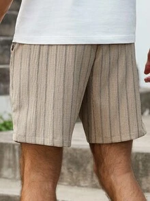 Manfinity Homme Plus Size Men's Casual Striped Print Drawstring Waist Slant Pocket Loose Shorts, Suitable For Daily Commute In Summer