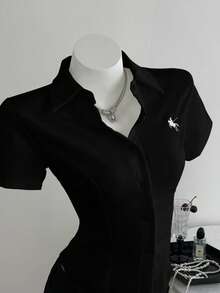 Elamini Embroidered Waist Fitted Short Sleeve Women Shirt - Black - View 6