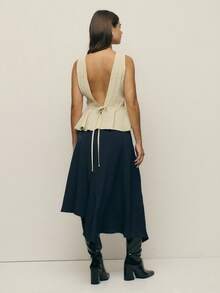 Nöista Sage Green Summer Elegant Vacation Holiday Women's V-Neck Ruched Waist Top With Covered Buttons,Flowy Peplum Hem Textured Boho Luxury Party Wedding - Apricot - View 4