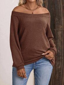 EMERY ROSE Plus Size New Fashion Casual Off-Shoulder Long Sleeve Loose T-Shirt For Women - Coffee Brown - View 6