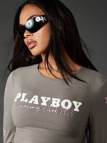 Missguided x Playboy Cotton Racing Club Long Sleeve Crop Top With Star Embellishments Vintage Style Streetwear - Dark Grey - View 6