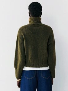 SHEIN Luminelle 女式纯色绿色高领落肩长袖休闲毛衣，秋季 - 綠色 - 查看 2