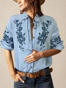 Bohemela Áo sơ mi nữ tay dài cổ bẻ thêu denim màu trơn đơn giản thoải mái - Màu xanh nhạt - Xem 5