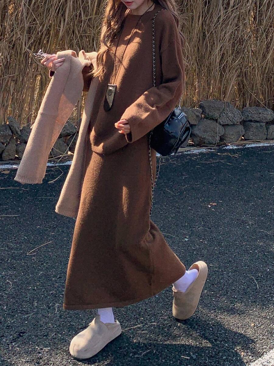 DAZY 女士休闲纯色针织毛衣和裙子两件套，秋冬