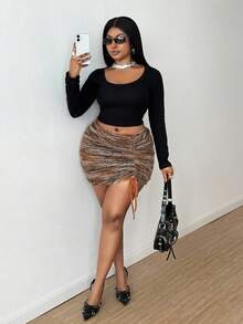 Maweii Plus Size Women Sexy Faux Fur Knitted Fabric Bodycon Drawstring Asymmetrical Hem Skirt, Stylish Design For Party, Gathering, Outing