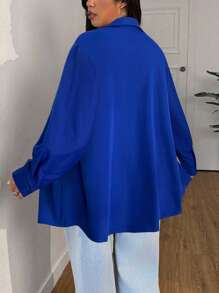 SHEIN EZwear 大码女式纯色蓝色前扣休闲衬衫，时尚百搭，春秋季 - 藏蓝色 - 查看 2