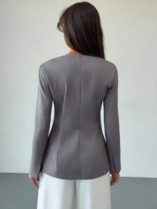Aloruh 女士纯色斜翻领西装外套，适合秋冬季通勤 - 灰色 - 查看 2