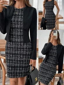 EMERY ROSE 女士优雅通勤夹克和格子连衣裙两件套 - 黑與白 - 查看 11