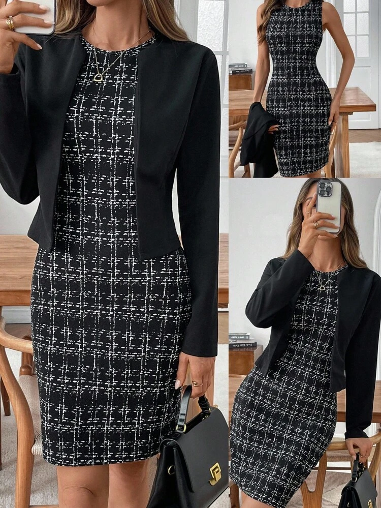 女性用エレガントなコミュータージャケット&チェック柄ドレス 2点セット