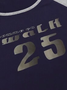 INAWLY Áo thun in chữ và số màu đơn giản mùa hè - Màu xanh hải quân - Xem 4