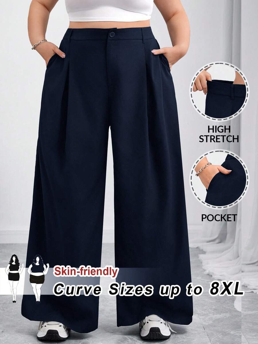 SHEIN CURVE+ Quần áo Curve Plus Size/Mùa thu/Mùa thu cho nữ/Mùa đông cho nữ/Mùa đôngQuần ống rộng đơn sắc cài nút thường ngày cho nữ cỡ lớn, Quần áo mùa thu cho nữQuần áo mùa thu cho nữ,Mùa đông,CURVE PLUS - Màu xanh hải quân - Xem 1