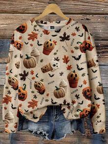 EMERY ROSE 大码女款南瓜枫叶纹理印花卫衣，秋冬装，万圣节 - 彩色 - 查看 4